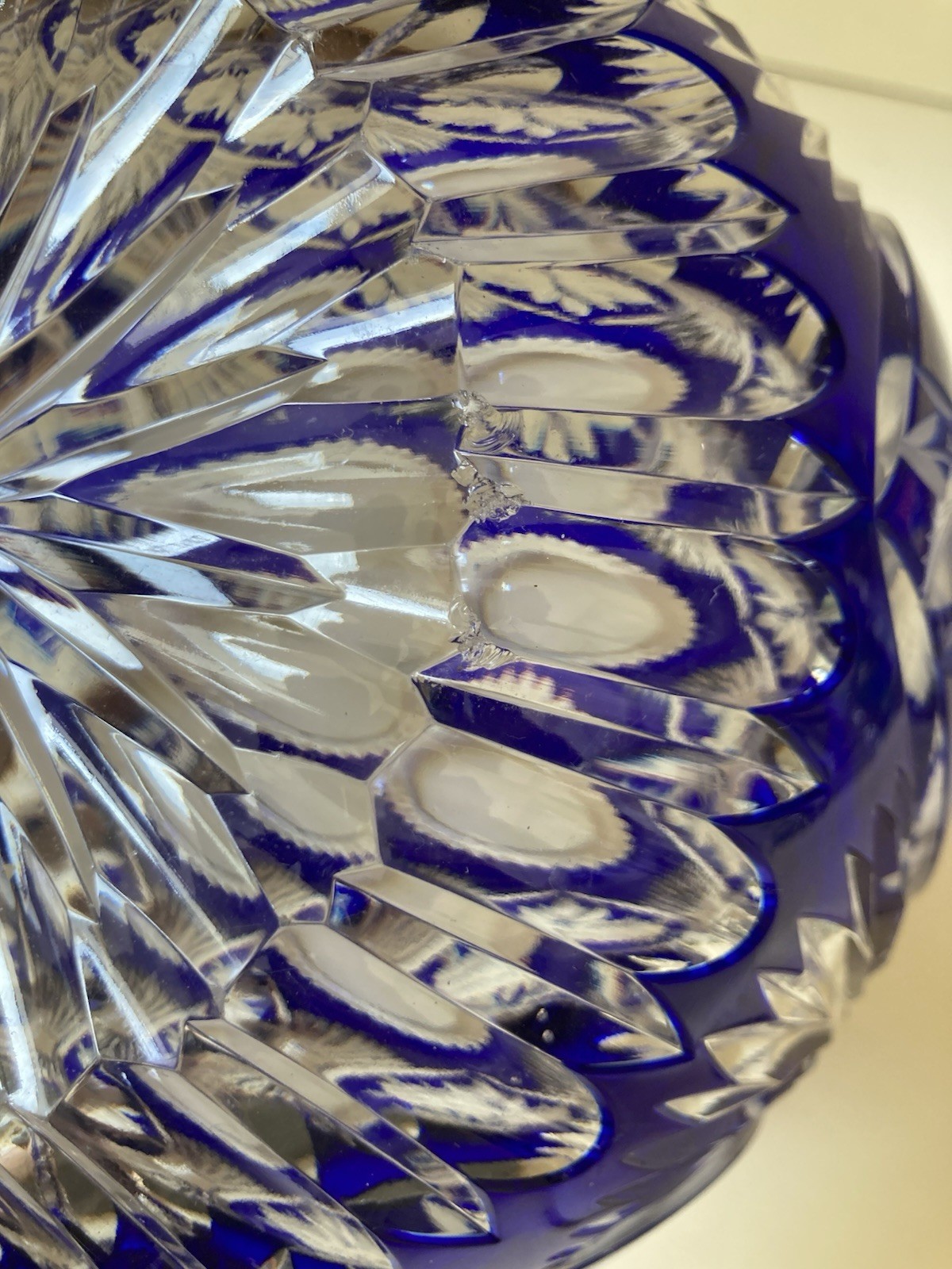 Vintage Bohemian Czech Cobalt Blue Cut to Clear Crystal Large Rose Bowl 7” Vase