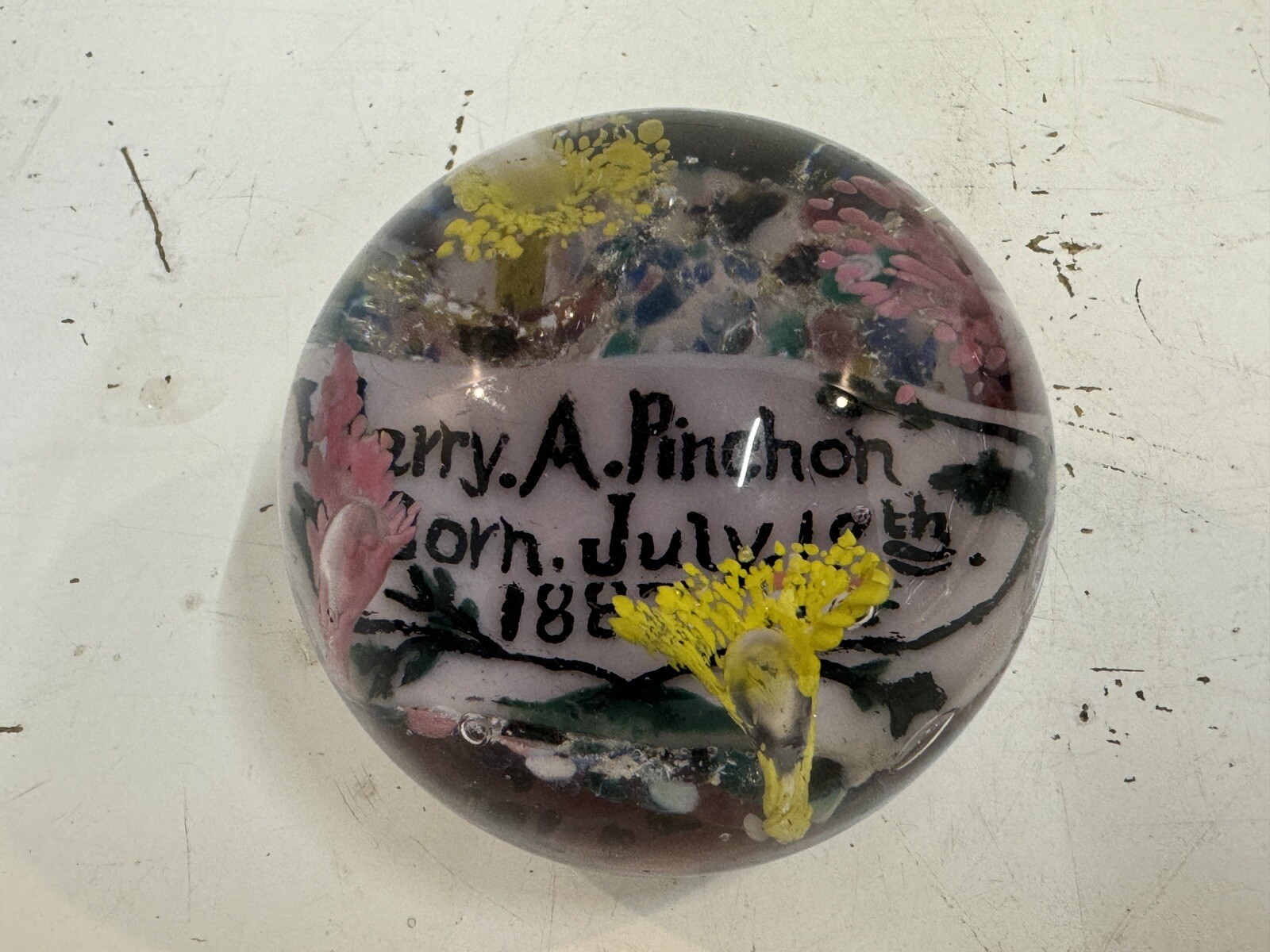 Antique Harry. A. Pinchon Born July 19th 1887 Personalized Glass Paperweight