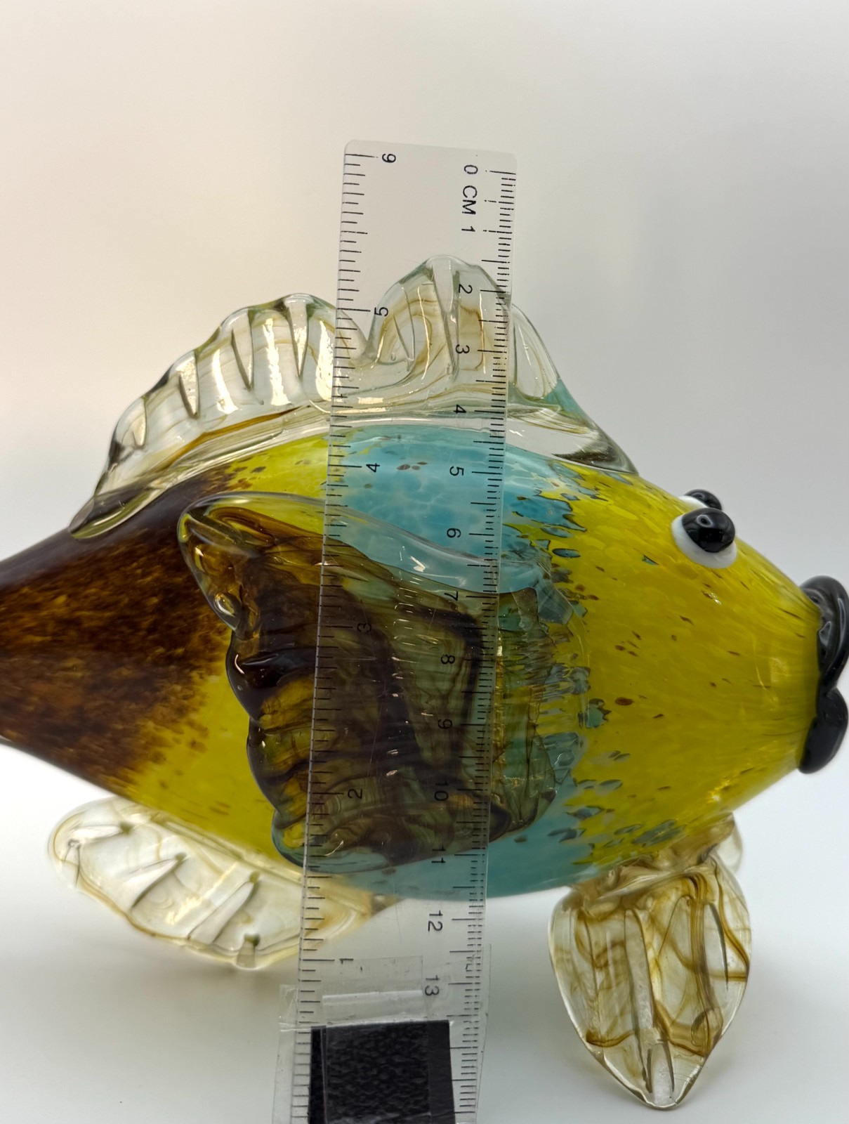 Murano Style Hand Blown Art Glass Fish Figurine 9″ Yellow Blue Tropical Decor