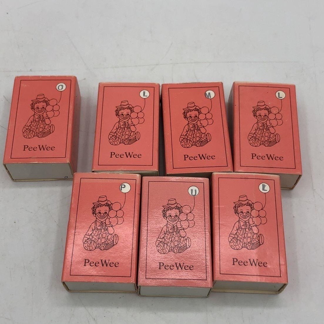 Mosser Glass Pee Wee Clown Figurines Vintage Lot of 7 Cobalt Slag Iridescent Box