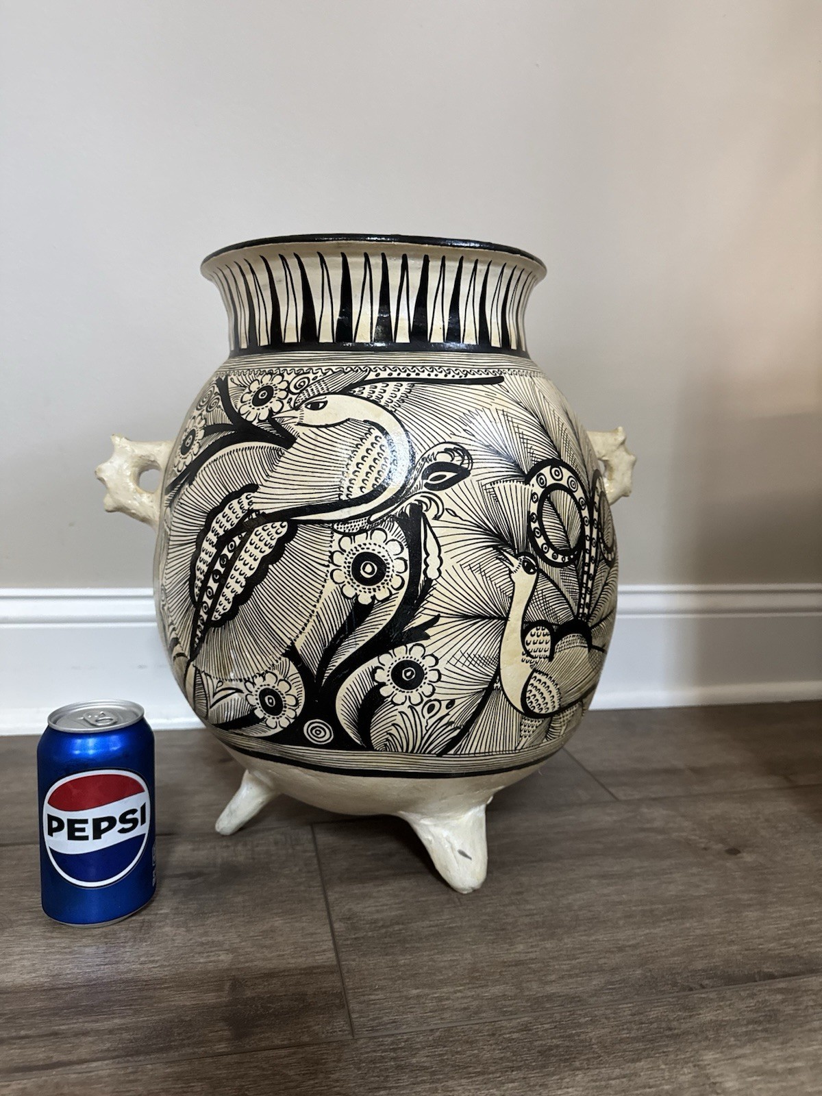 Mexican Michoacán Clay Pottery Vase Pot – Hand Painted Folk Art Bird Of Paradise