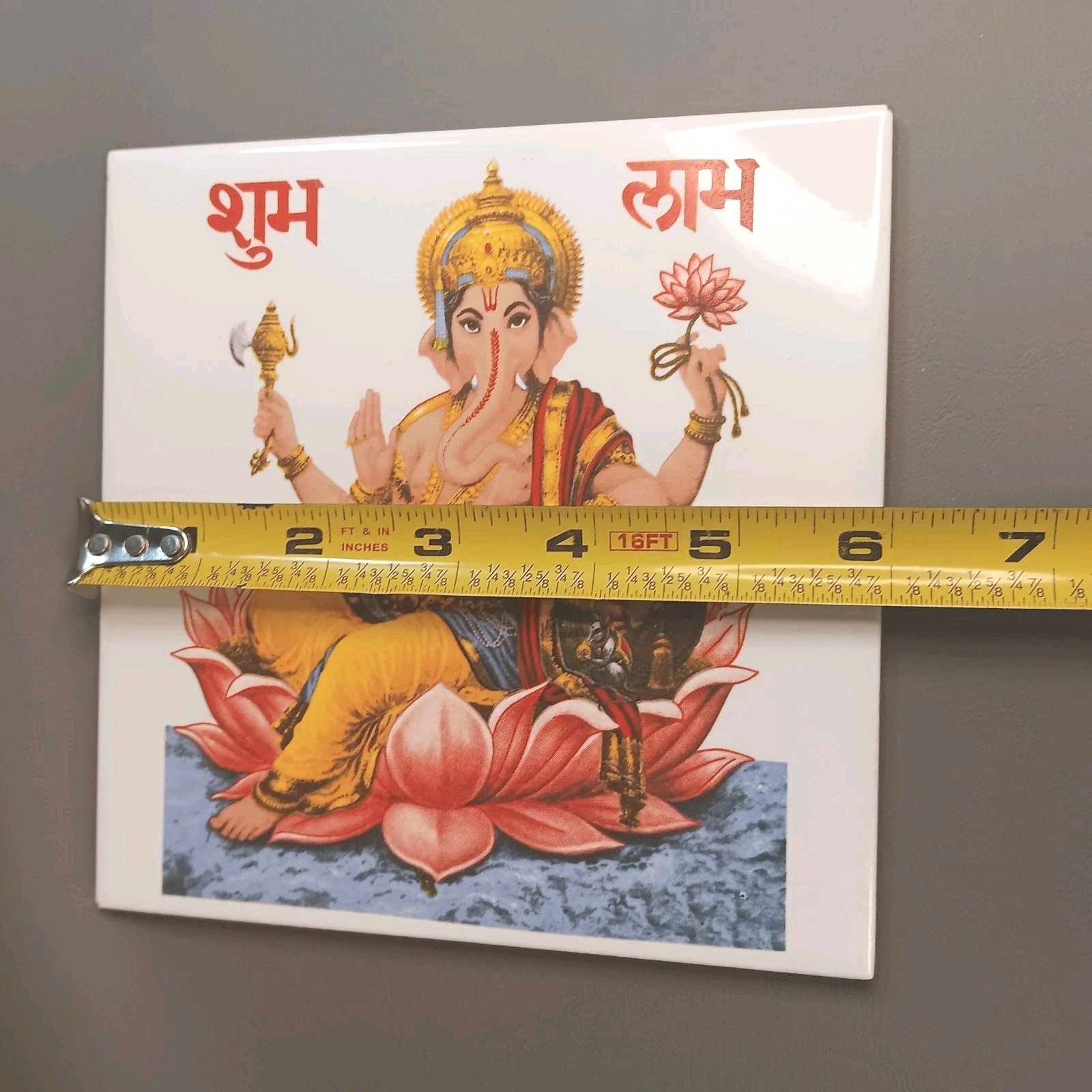 *chips* Vintage Ganesha Om Shubh Labh Ceramic Tile Plaque Set Hindu India Yoga