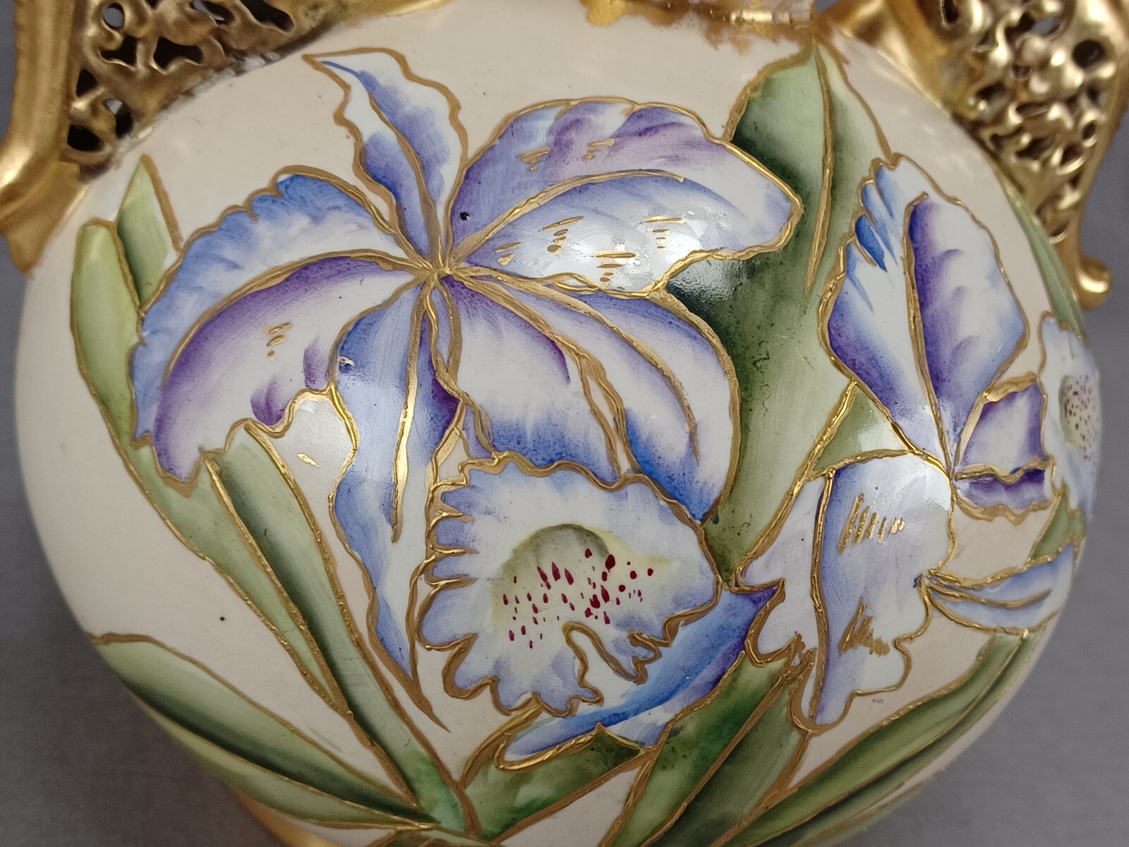 Faience Manufacturing Co Brooklyn NY Hand Painted Orchids Ivory & Gold Vase