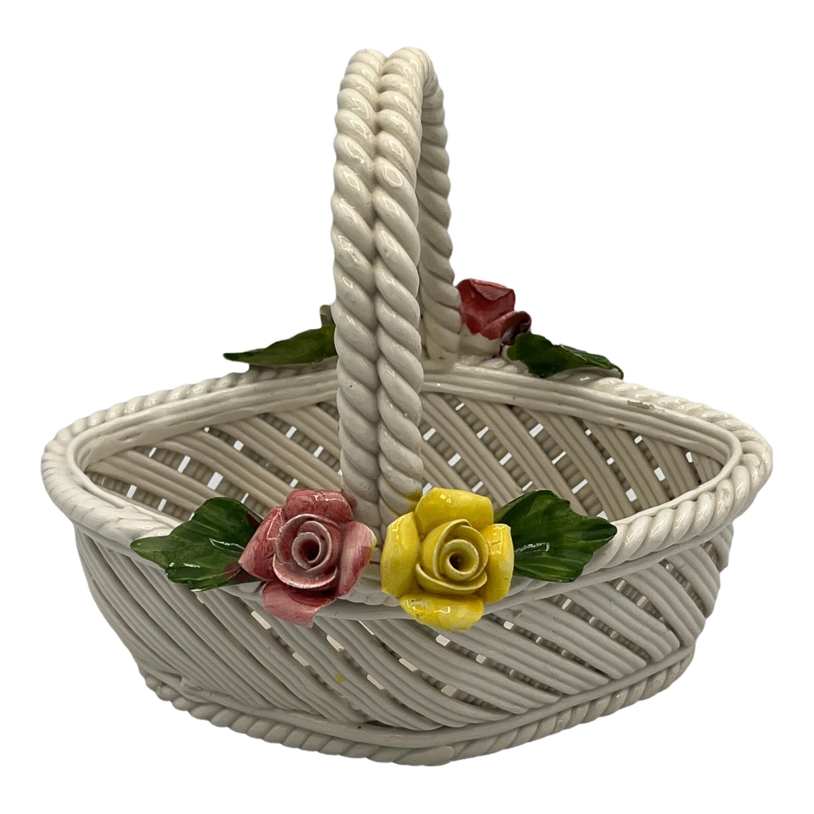 Vtg Porcelain Nuova Capodimonte White Woven Basket with Pink and Yellow Flowers
