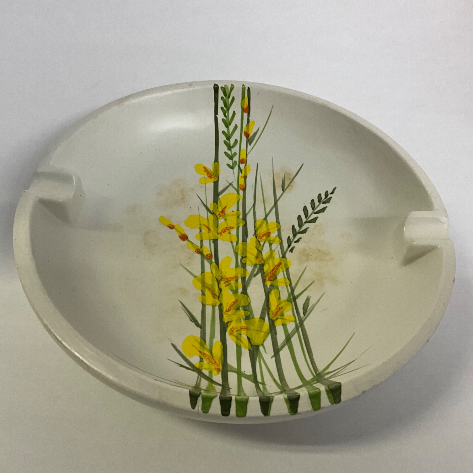 Vintage Ashtray MCM Pottery Matte Glazed w Hand Painted Flowers Italy 8.25”W