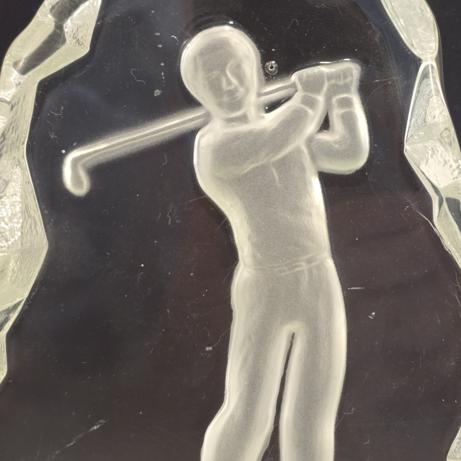 Nybro Sweden Crystal Golfer Paperweight Frosted Figure Clear Base 7″ Vintage