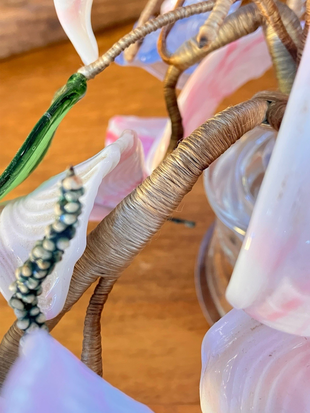 Lot 2 VTG Hand Blown Art Glass Slag Flowers Italian Venetian Murano Bouquet Wire