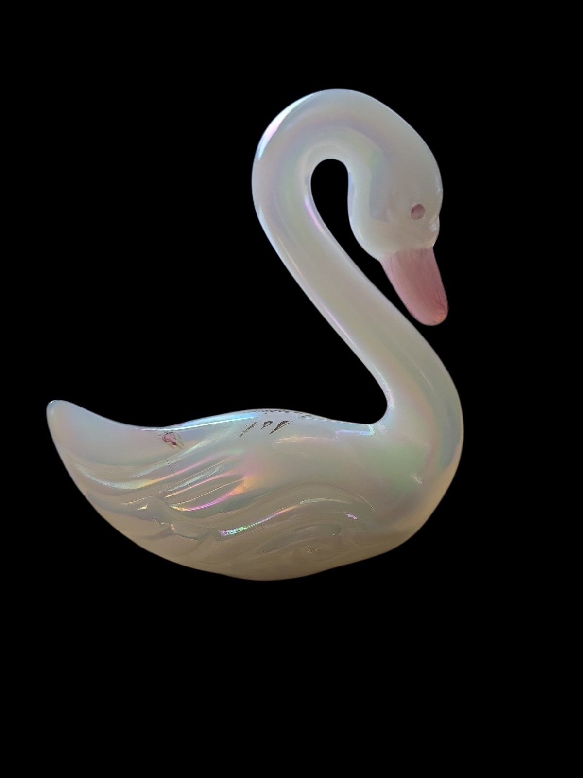 Fenton 4″ Iridescent White Glass Swan 1st Anniversary Signed Hand Painted Rose