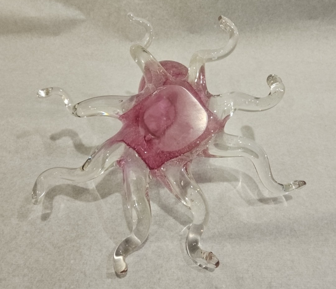 Murano Style Handblown Art Glass Octopus Paperweight Figurine Pink Clear Large