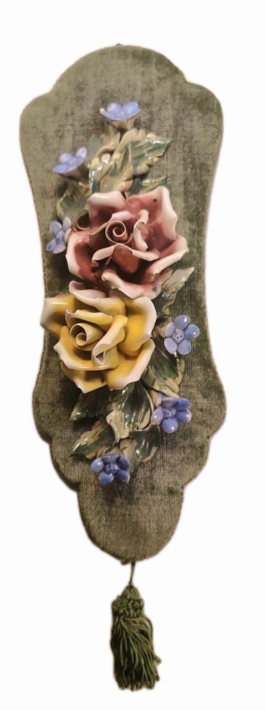 Vintage MC Italy Capodimonte Porcelain Roses On Green Velvet Wall Art 11.75 “