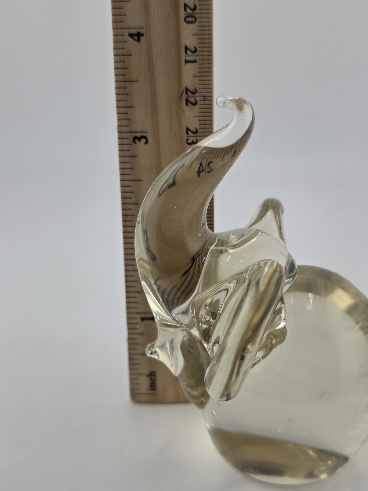 Elephant Glass Figurine /Paperweight Heavy Clear Glass Trunk Up Yellow Tint