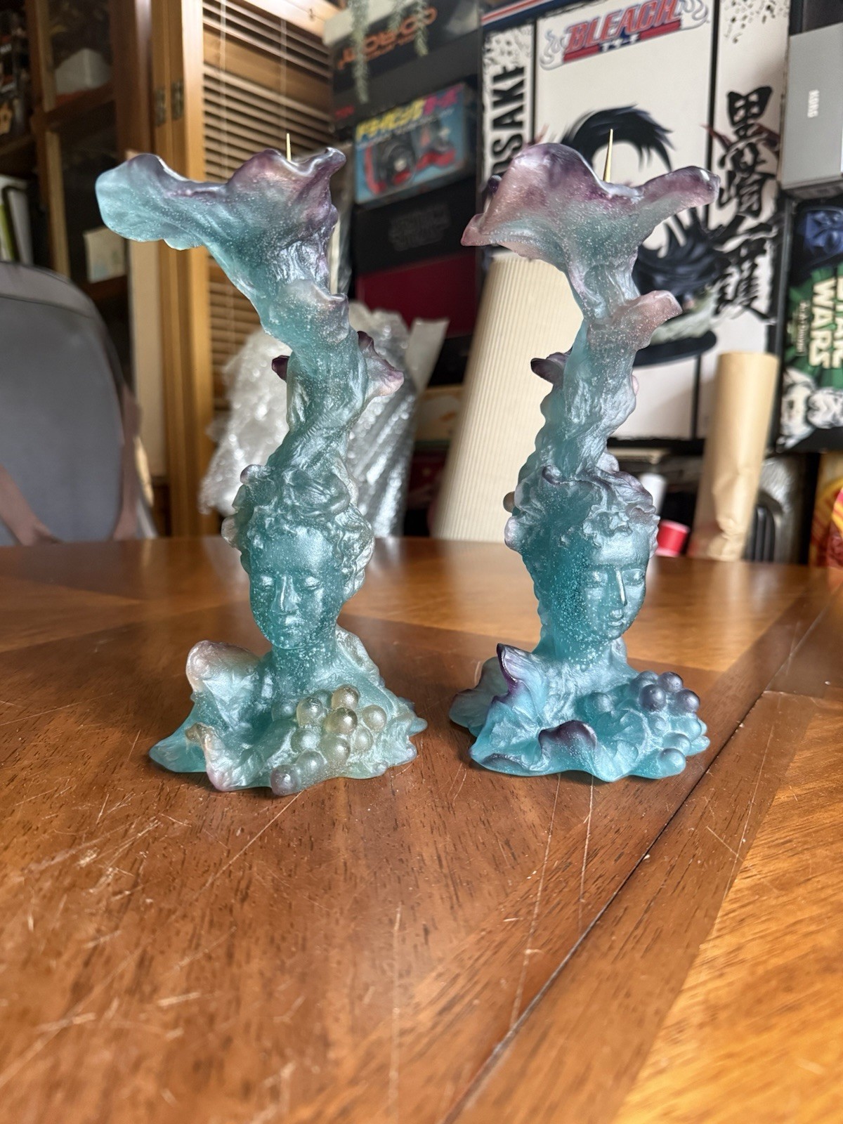 Signed Daum France Bacchus Style Pate De Verre Art Glass Candlesticks Pair