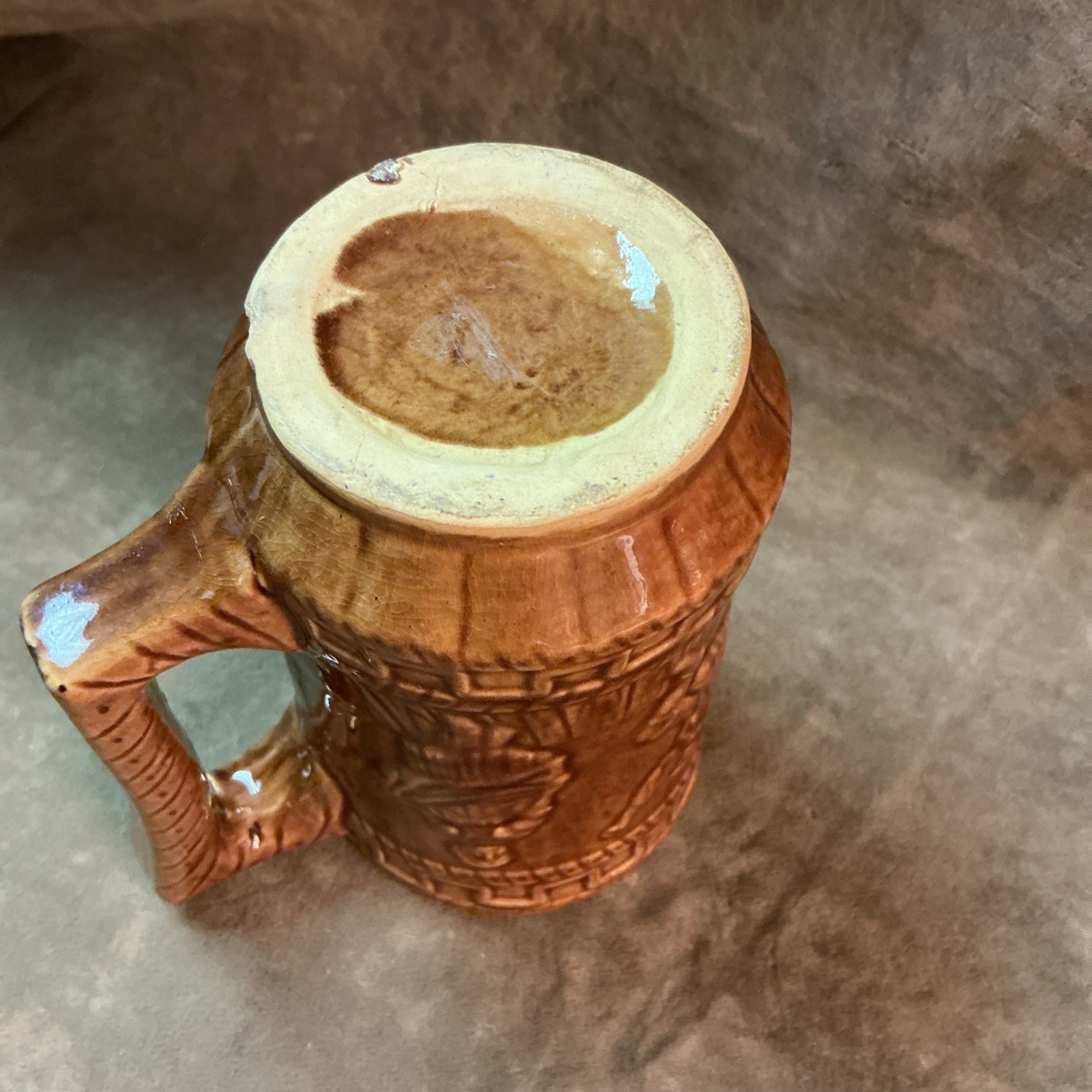 1920s art pottery stoneware Stein Tavern scene man woman dancing brown glaze