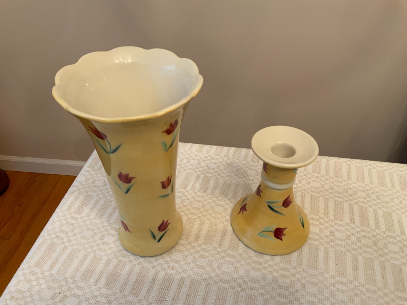 Andrea by Sadek vase & matching candle holder candlestick ceramic tulips painted
