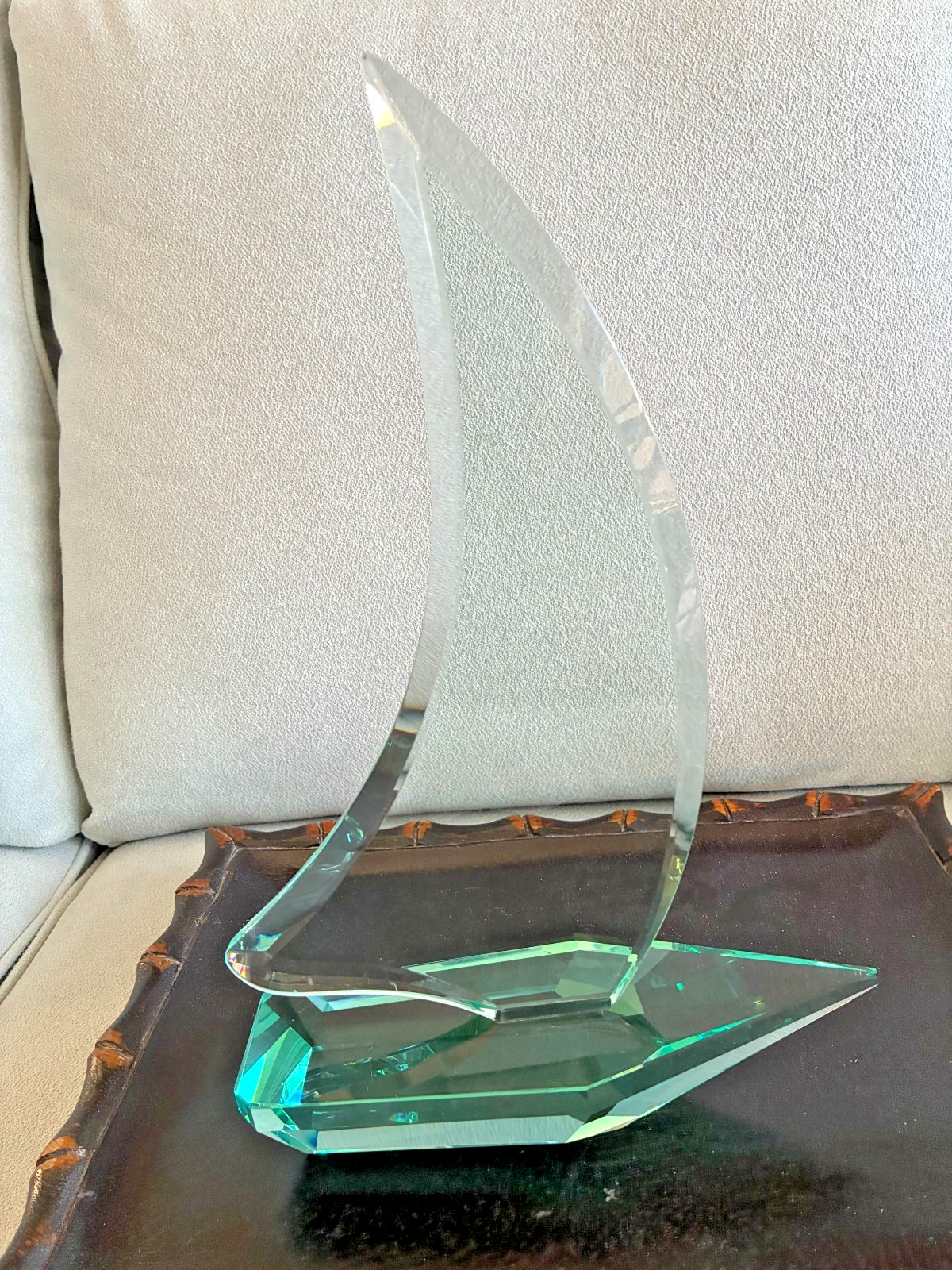 Lead Crystal Sailboat Clear with Aqua Green Tint