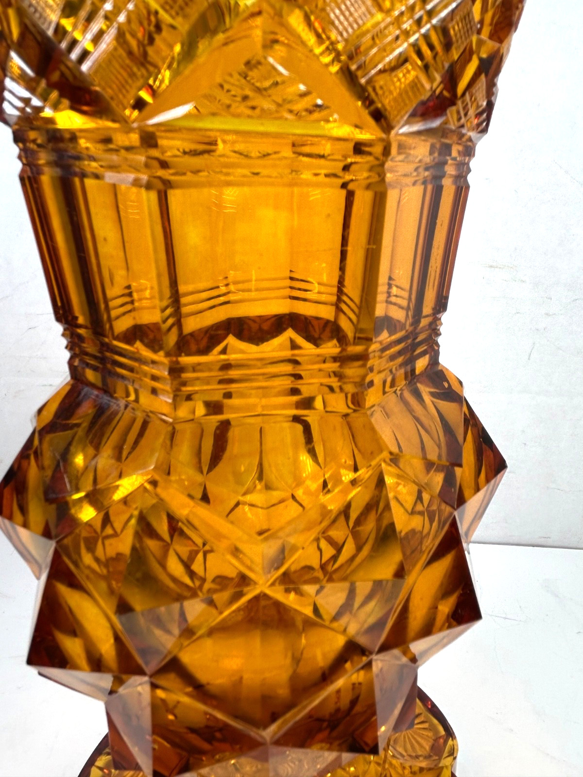 Vintage EAPG Honey Gold Amber Pressed Glass Vase 9.5” Multi Patterns & Sections