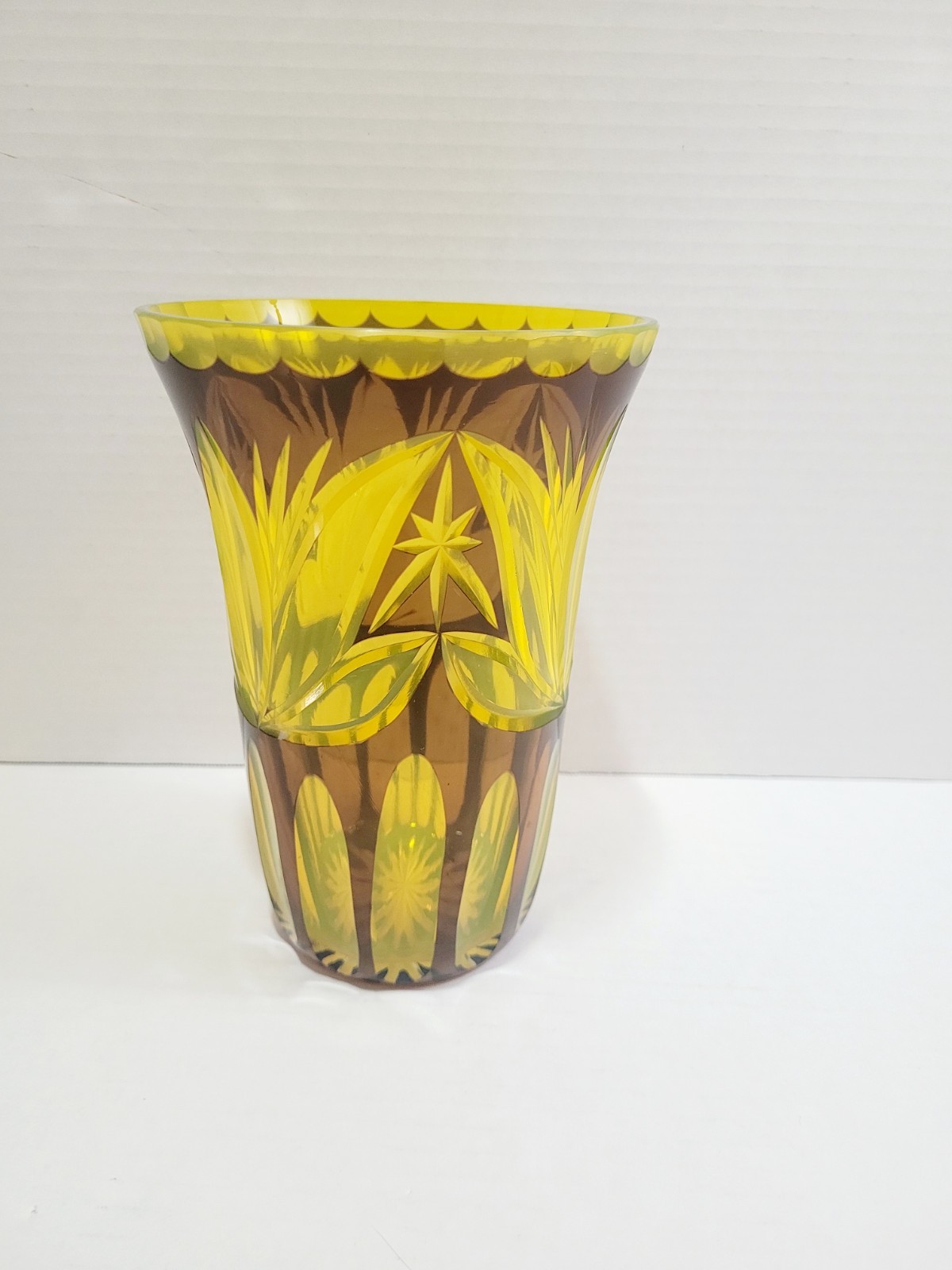 Vintage Bohemian Czech Brown To Yellow Cut Crystal Glass Vase Antique