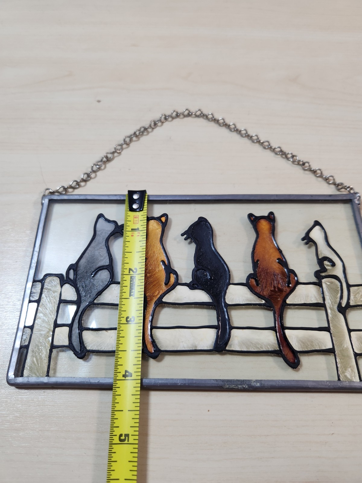 Stained Glass Framed Window Panel FIVE CATS ON A FENCE 7″ x 4 1/8″ Chain Hanger