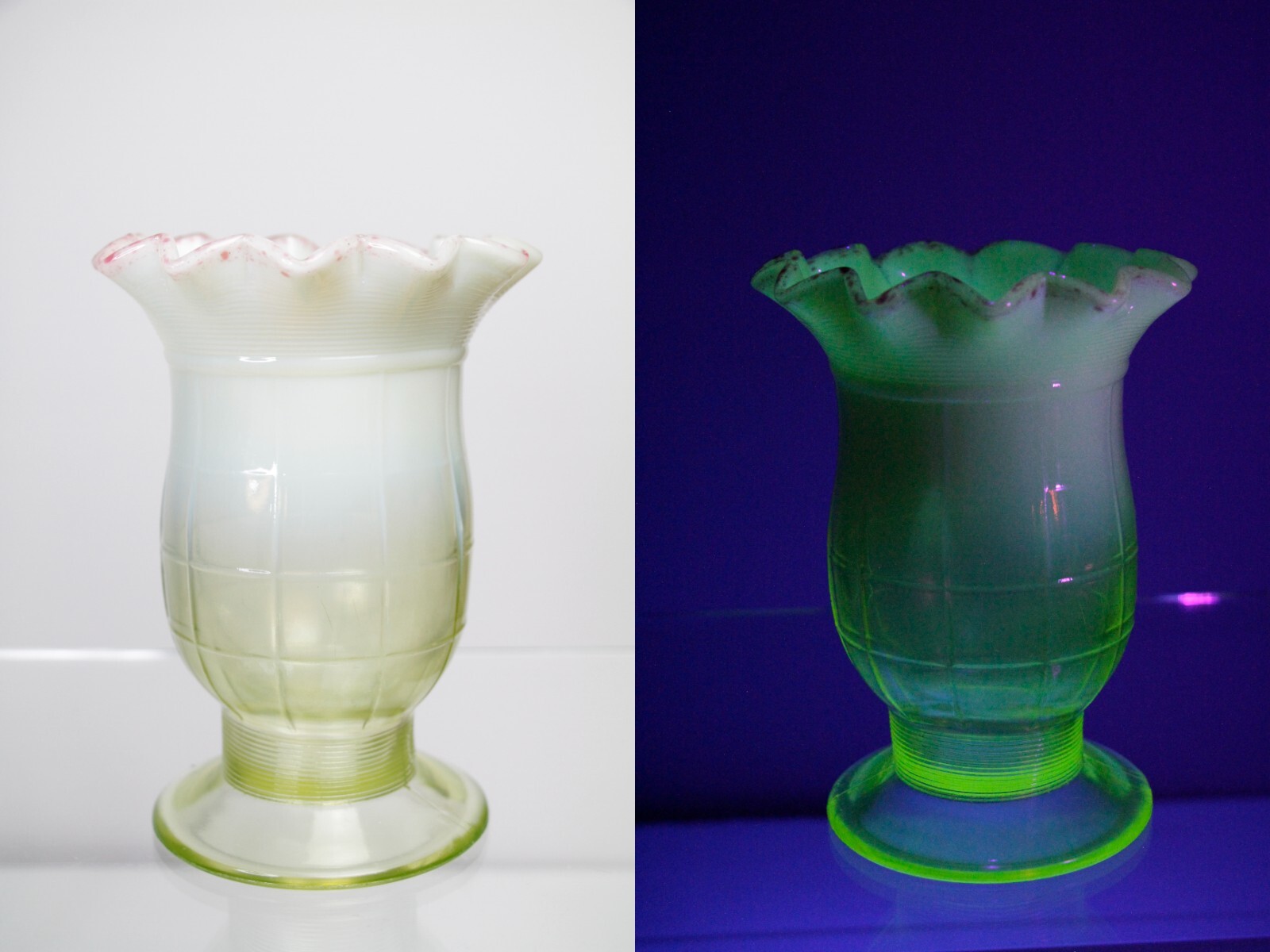 Antique Jefferson Block Canary Vaseline Opalescent Uranium UV Glass Celery Vase