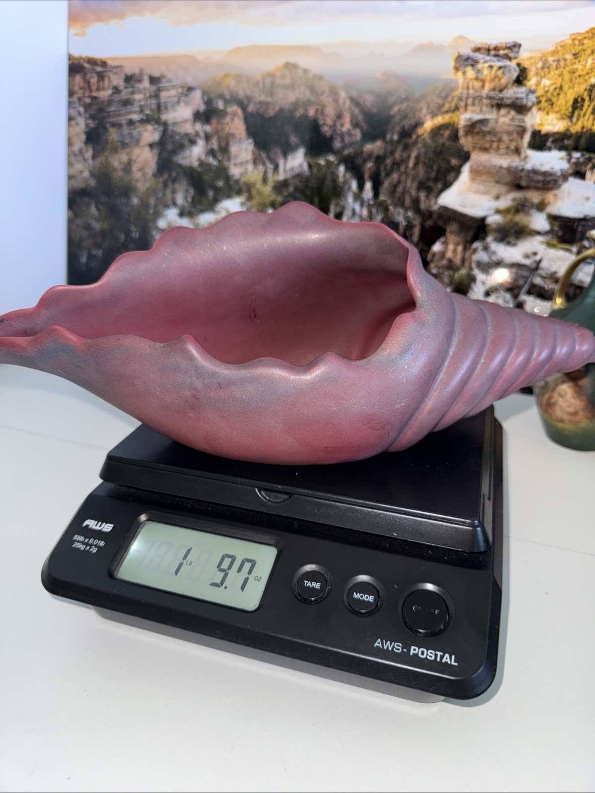 Van Briggle Pottery Conch Shell Bowl Mulberry Red Colorado Springs Signed 12 in
