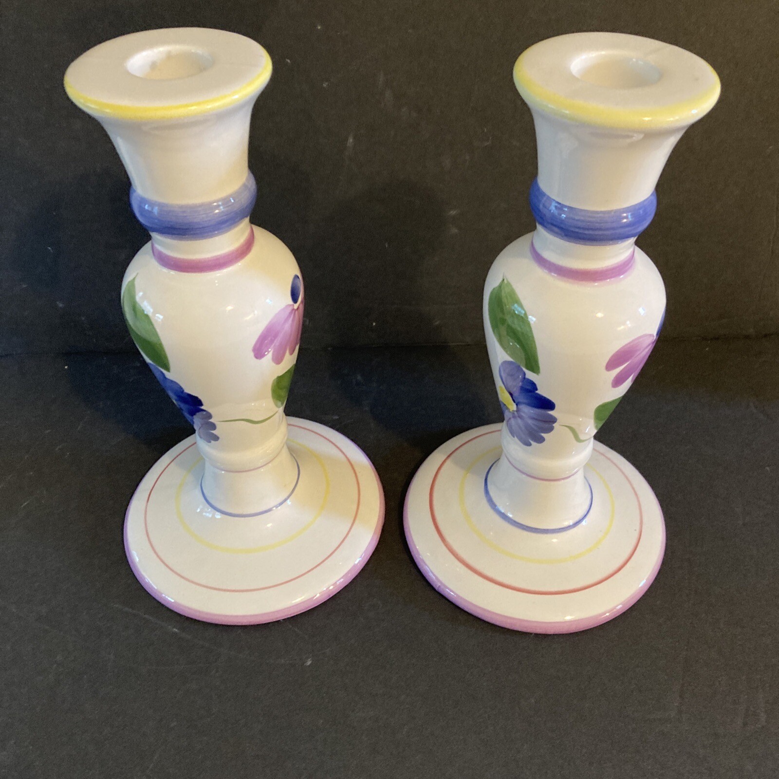 SALE Vintage Pair Candlesticks Ceramic Hand painted 9” Tall