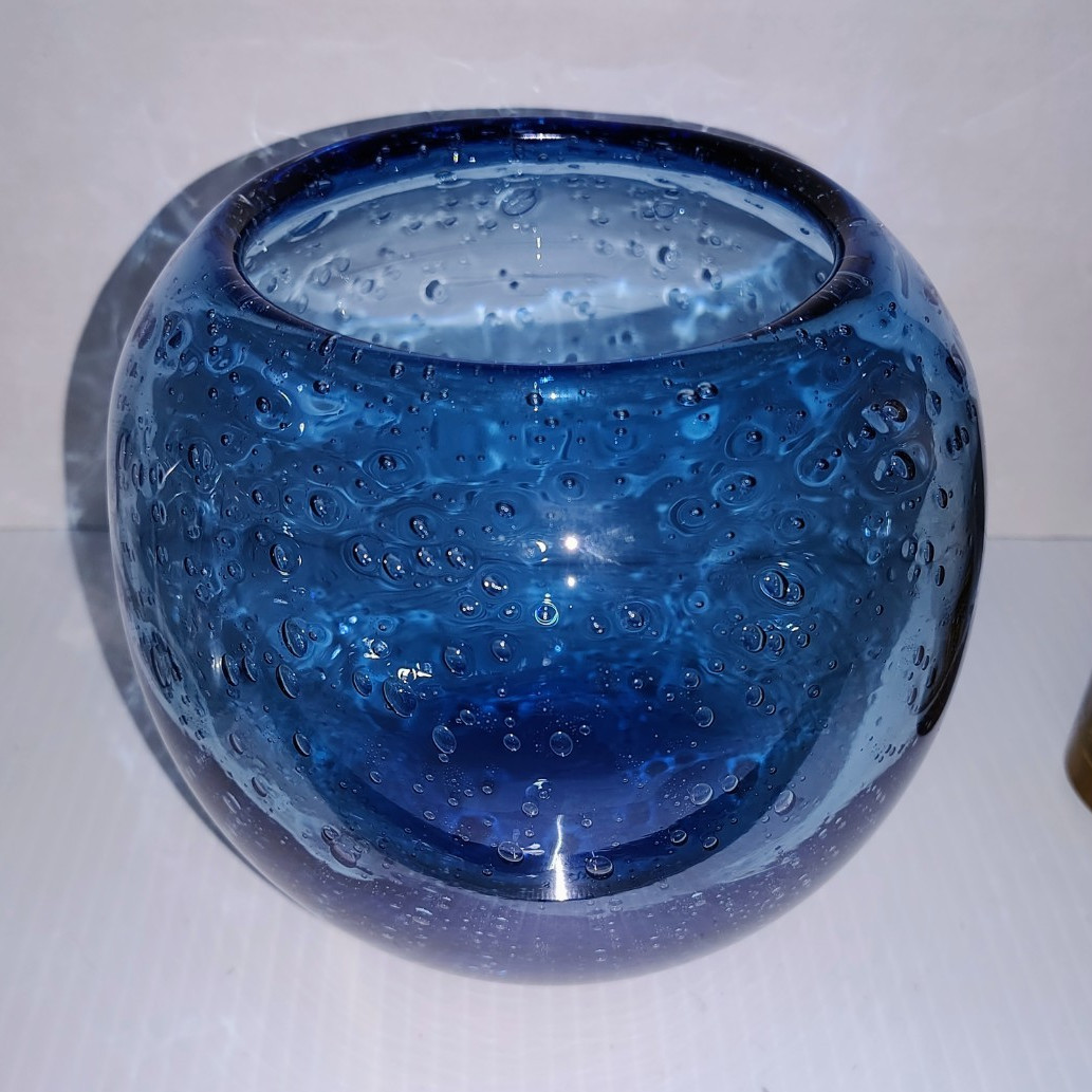 Blue Art Glass Bubble Pattern Round Vase Bowl With Glossy Finish