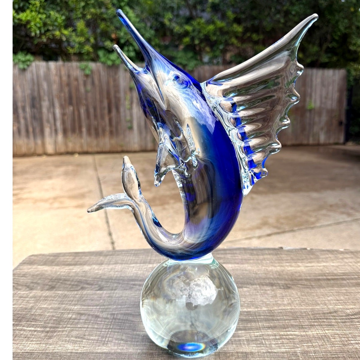 Signed Quidio Hand Blown Art Glass Sailfish Marlin Sculpture Cobalt Blue 13.5″