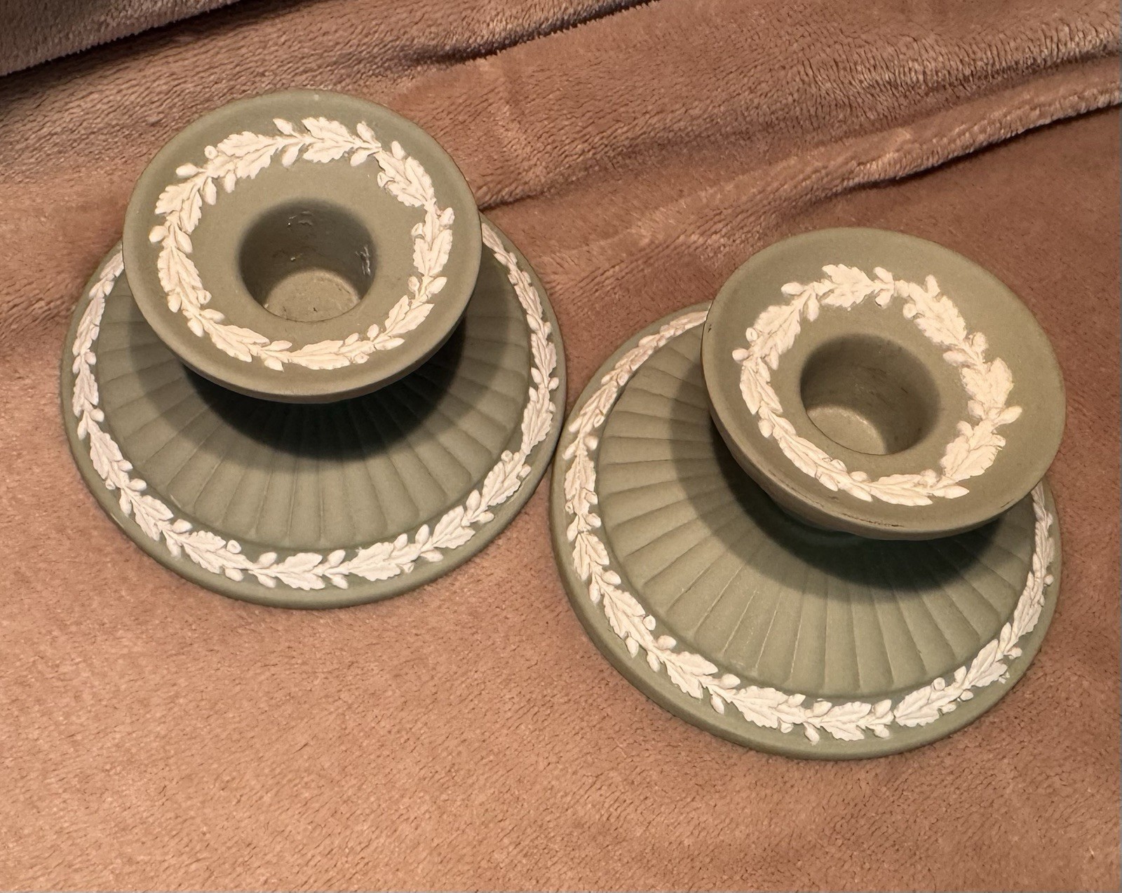 Vintage Wedgwood Sage Green Jasperware Classic Candle Holders 2 Traditional