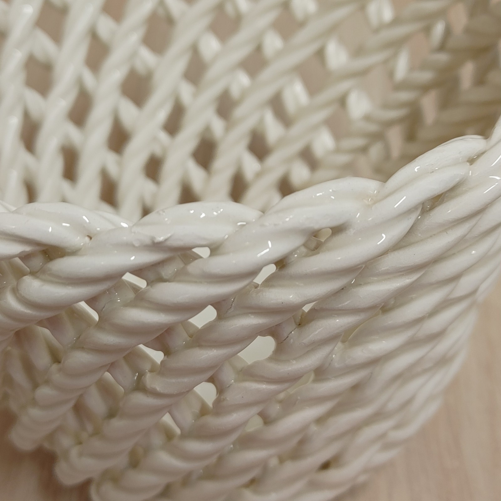 Spanish Pottery Basket Twisted Rope Open Weave White 4.5″ Tall Made In Spain