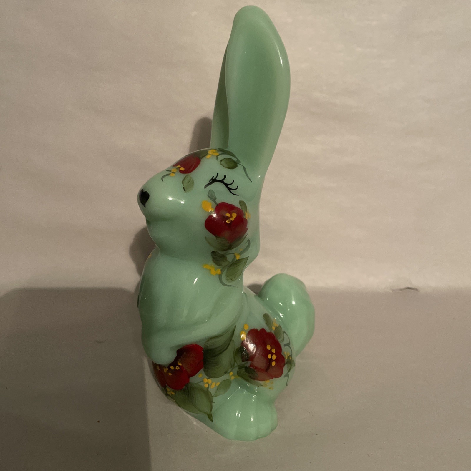 Vintage Mosser Glass Jadeite Thumper Bunny Hand Painted Florals Signed By Artist