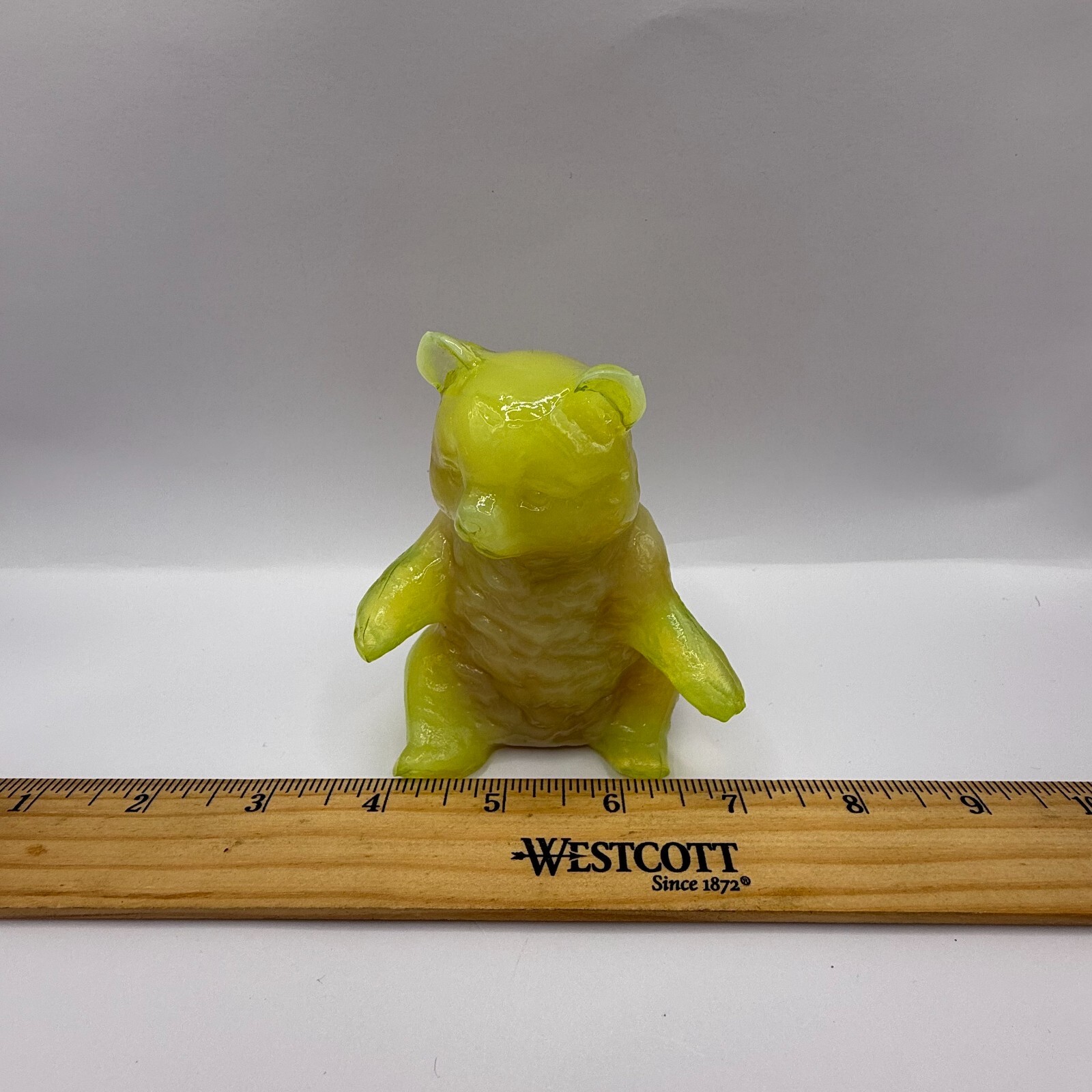 Vintage Mosser Glass Vaseline Uranium Bear Yellow Slag Glass Figurine 1980’s