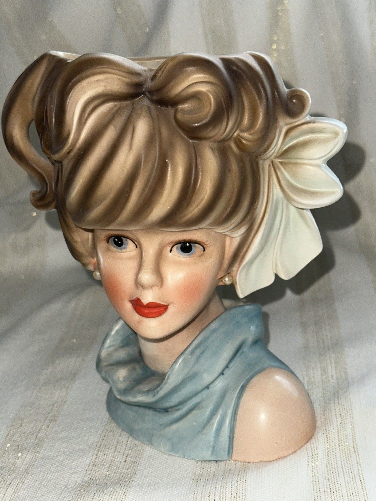 Relpo K1695 Vintage Lady Head Vase Blue with Bow 7”