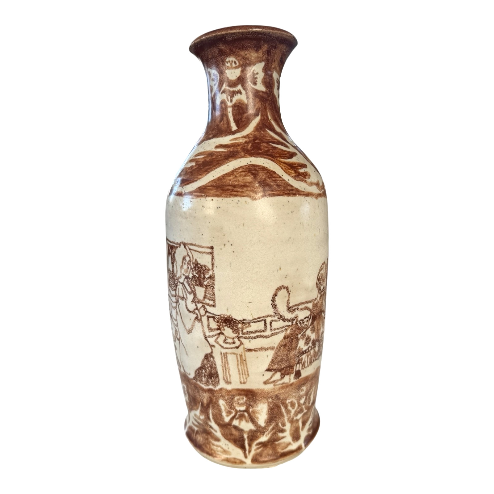 Vintage Tall Handmade Studio Art Pottery Stoneware Vase – Cream & Brown Glaze
