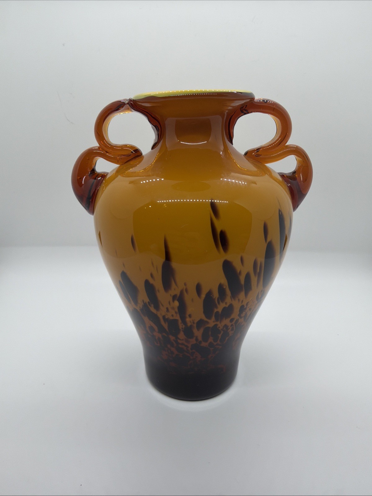 Art Glass Vase Leopard Spotted Pattern Hand Blown Amber Yellow Brown Vintage 7”