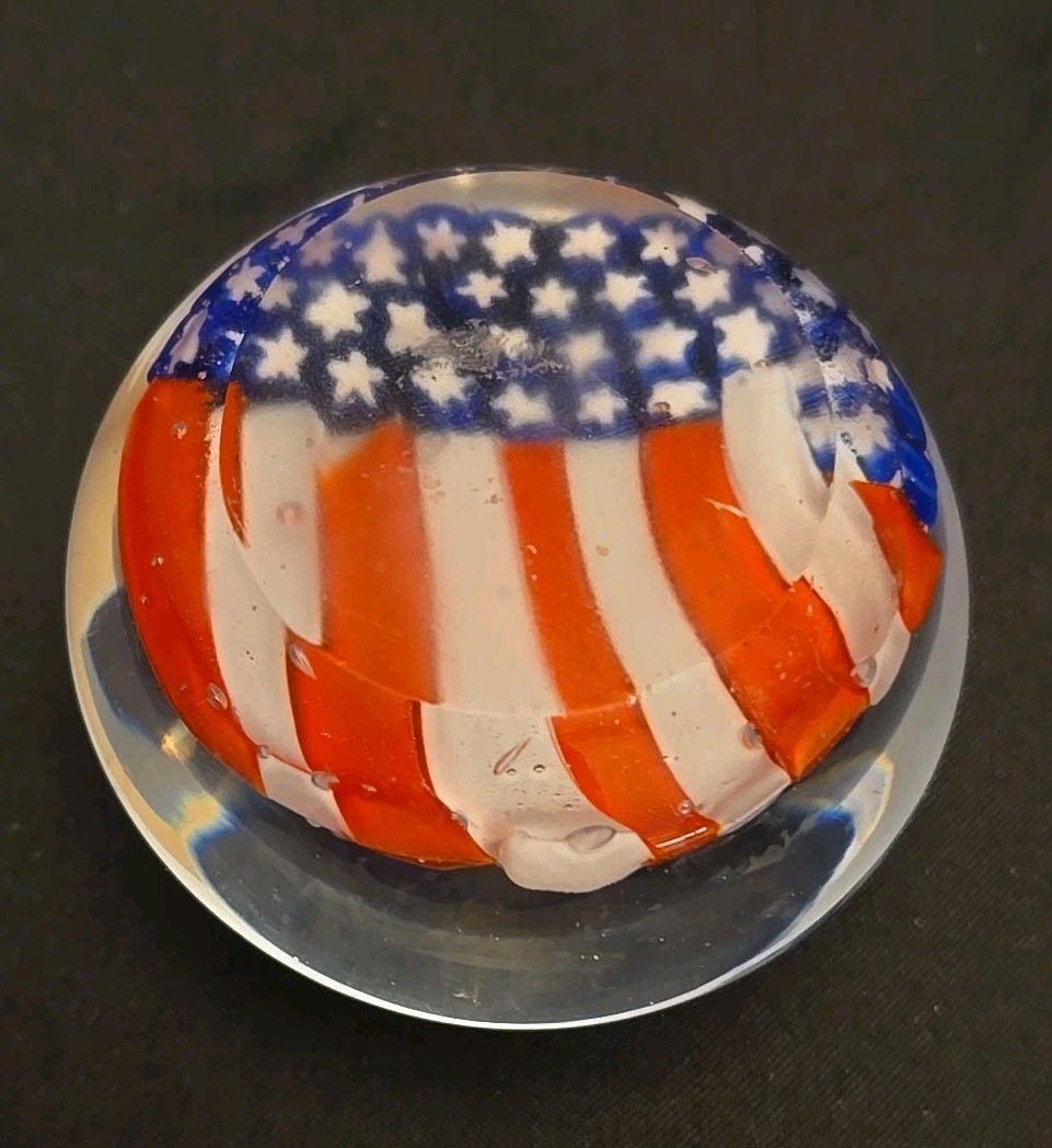 Old Glory American Flag Vintage Paperweight Glass Blown 3″ diameter Patriotic