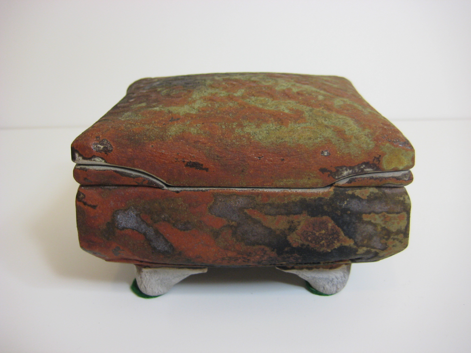 Chinese Art Pottery Metallic Copper Raku Hand Painted Inside Box, Signed By ZY