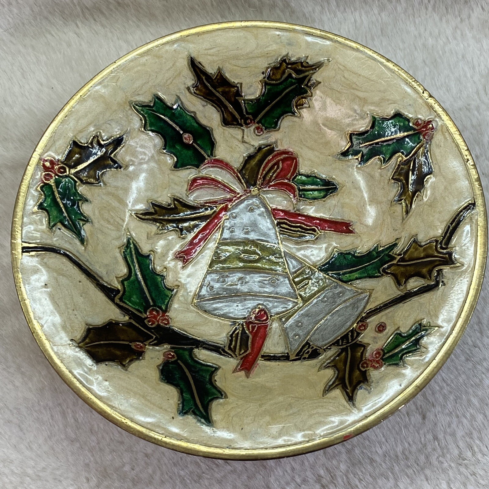 Vintage Cloisonne Enamel Finish Brass India Holly Bells Christmas Vase & Dish 5”