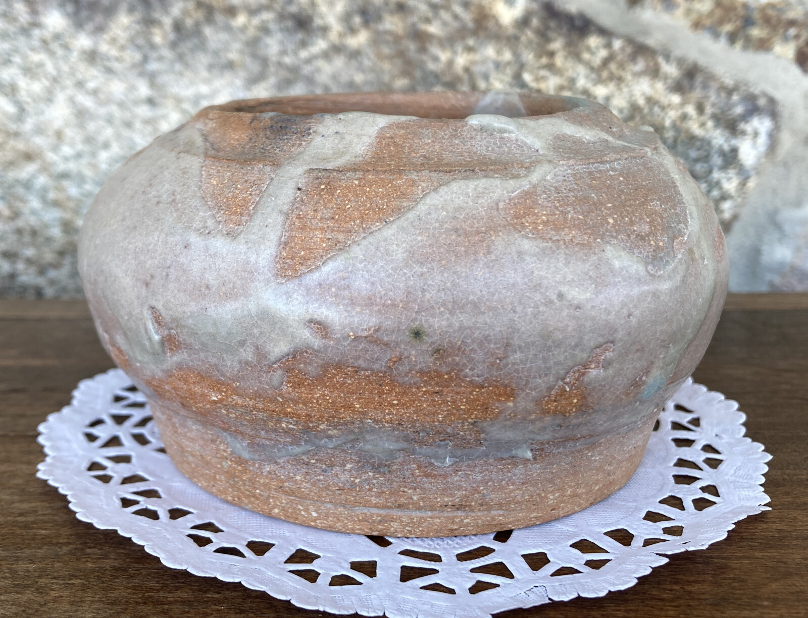 Studio Terracotta Rotund Vase with White Opaque Crackle Shino Glaze – Vintage