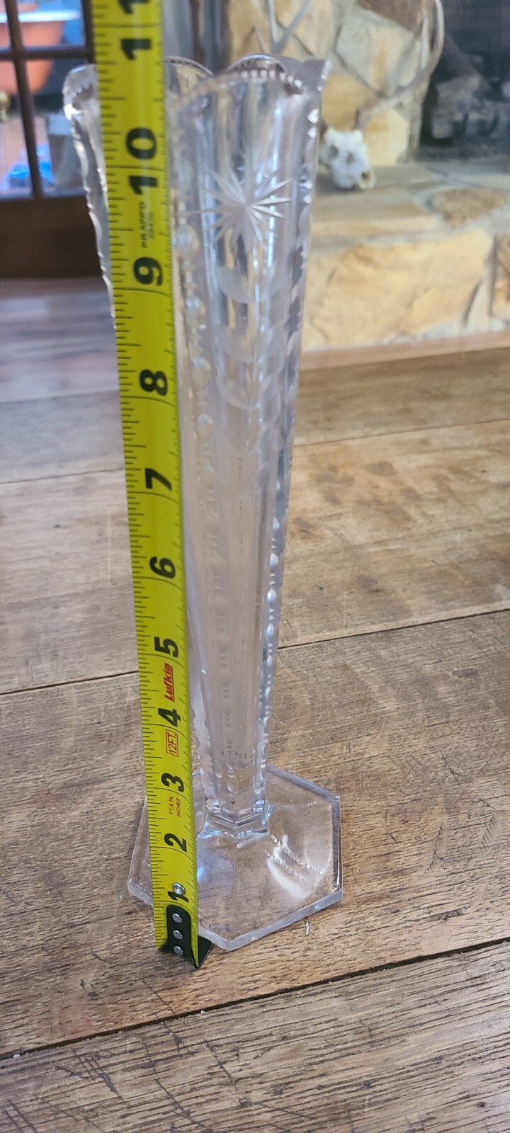 Antique Trumpet Vase Art Nouveau Cut Glass Etched Flower 10.5 In Glows A Bit