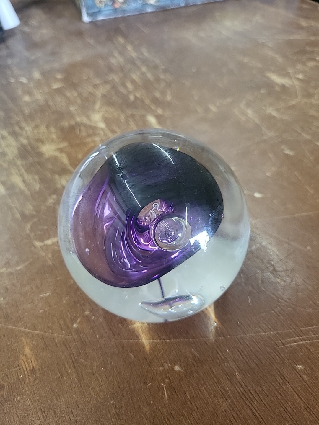 Rollin KARG Hand Blown Purple Art Glass Paperweight Signed Air Bubbles 2-7/8 Dia