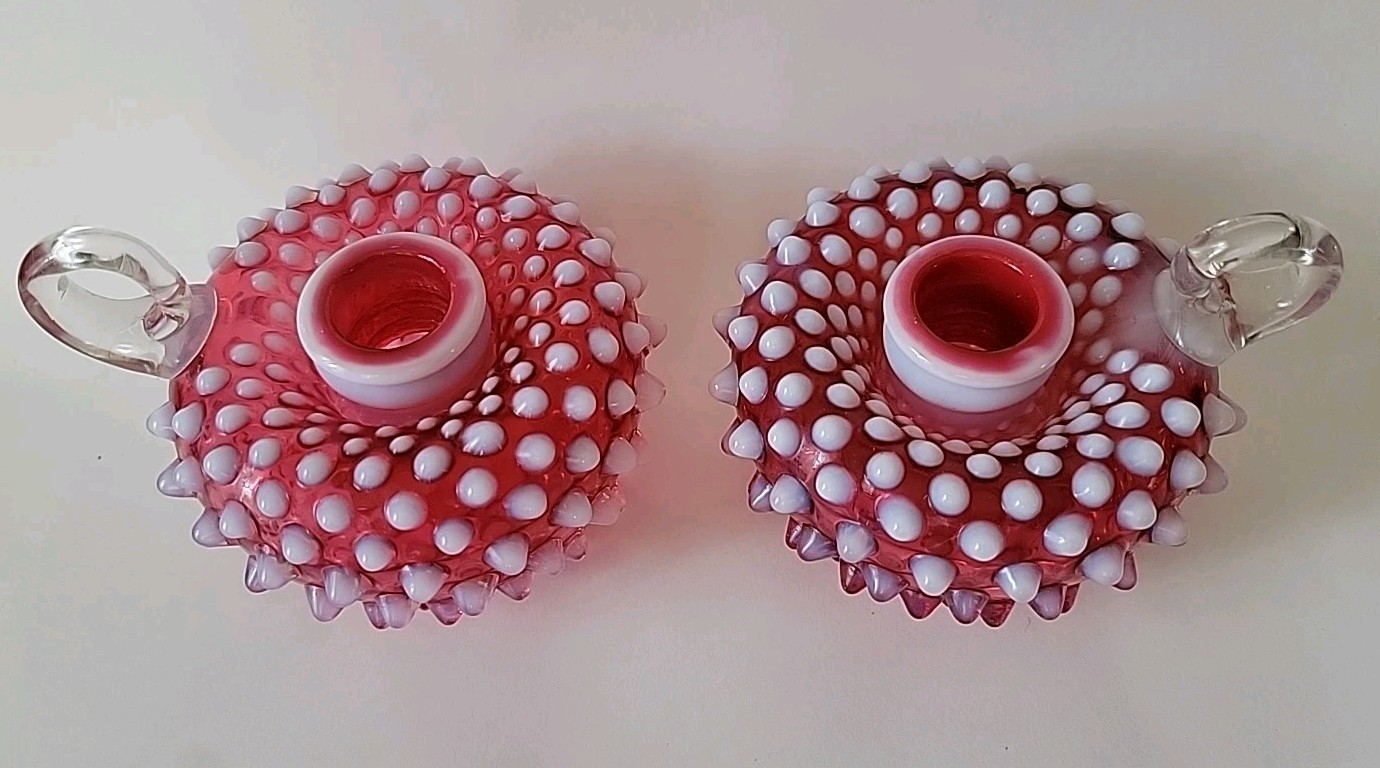 2 Vintage Fenton Cranberry Hobnail Opalescent Candlestick Holders Finger Loop