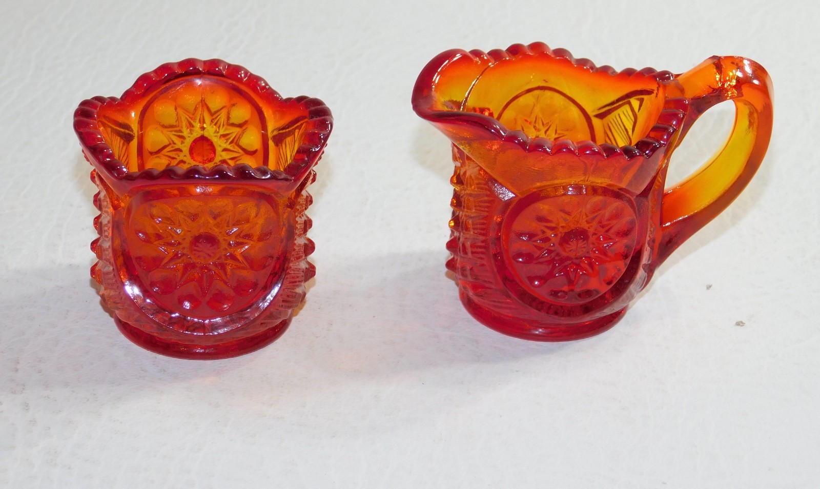 MCM Fenton Canoe Dish Pitcher Toothpick Glass Amberina Daisy & Button Pattern