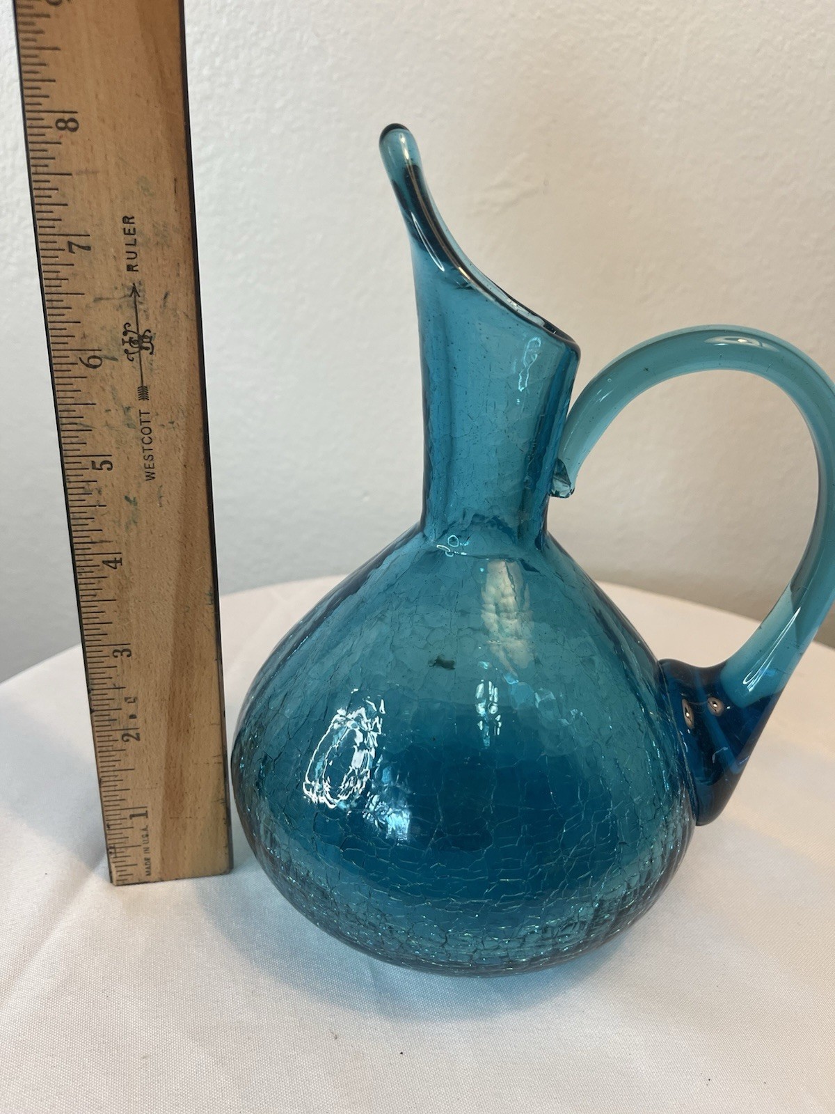 Vtg MCM Blenko Attributed Winslow Anderson Blue Crackle Glass Pitcher 8”