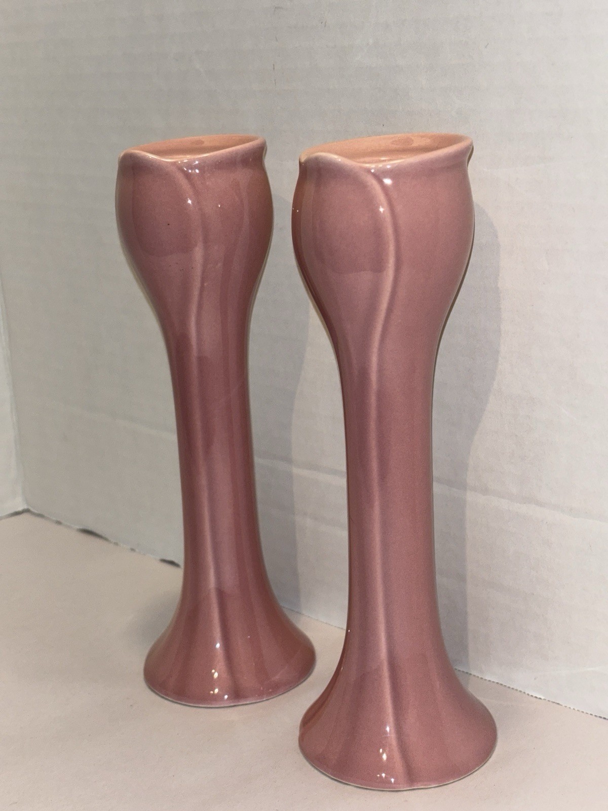 Vintage Ceramic Pottery Art Deco Candle Stick Holders MCM Rose Pink Tulip Flower