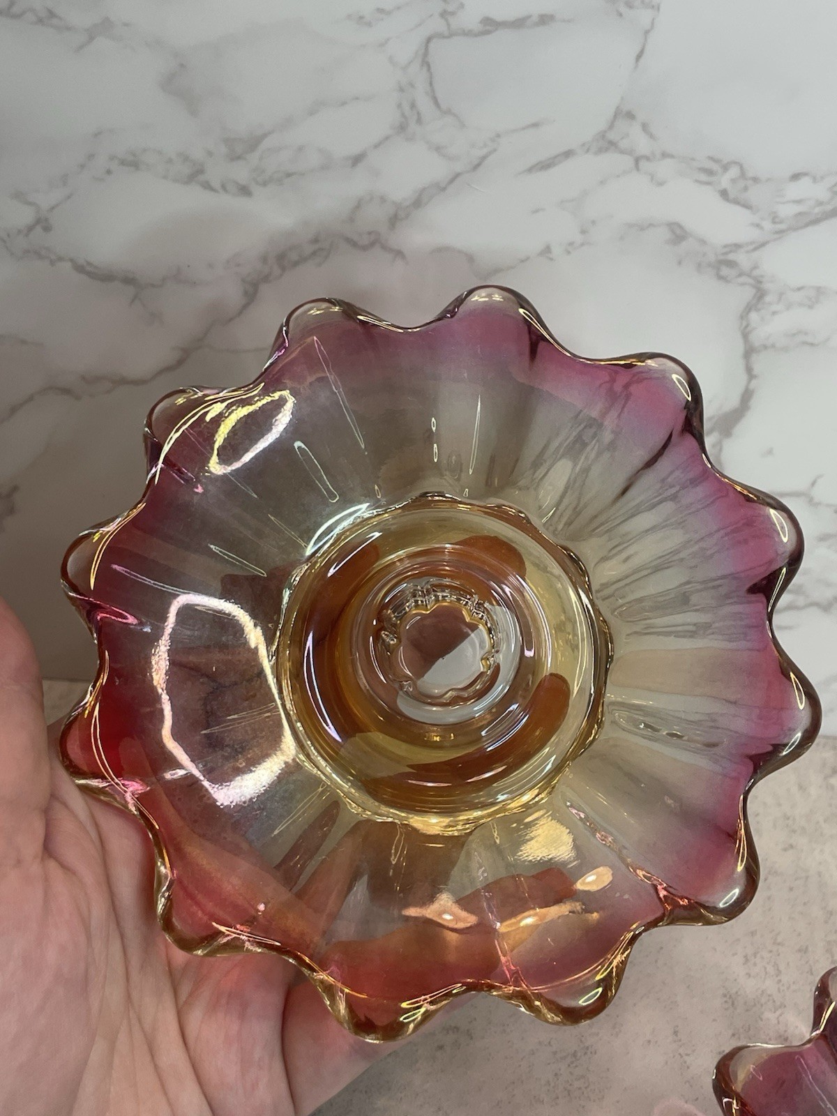 Vtg Set of 2 Federal Glass Iridescent Colors Glass Candlestick Holders Vintage