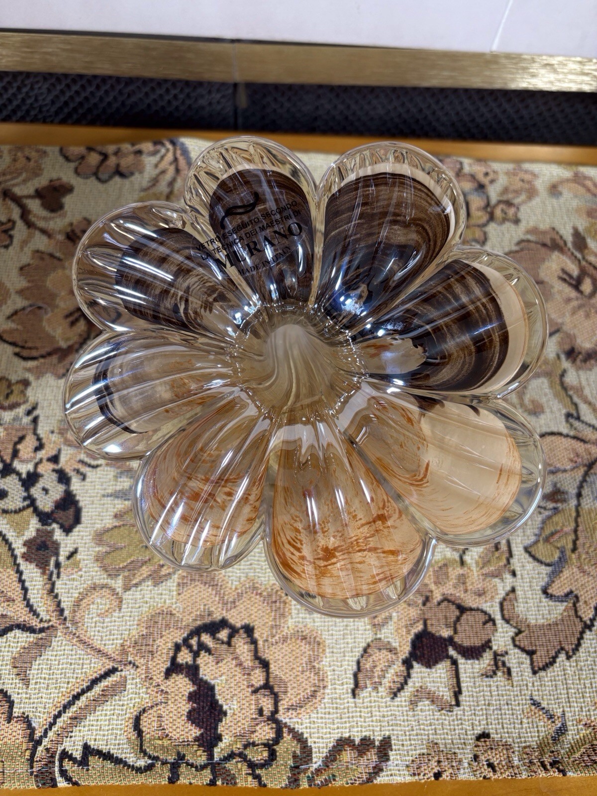 Pair Murano Italian Art Glass Flower Centerpieces Amber Brown Swirl New