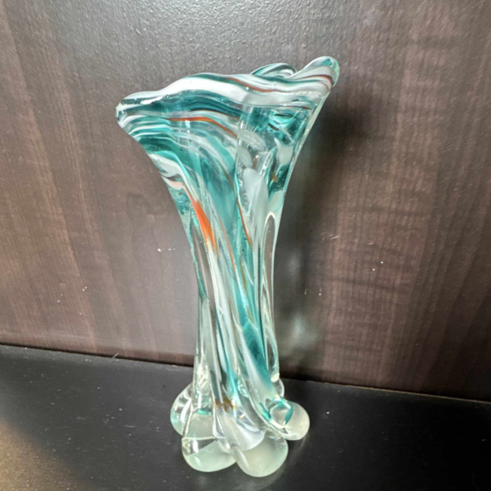 Vintage Murano-style art glass bud vase swirl scalloped teal white orange 7 inch