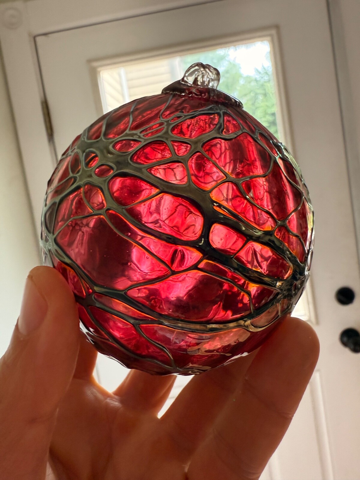 Hand Blown Art Glass Ball approx. 4” Suncatcher Red Web Gray ornament