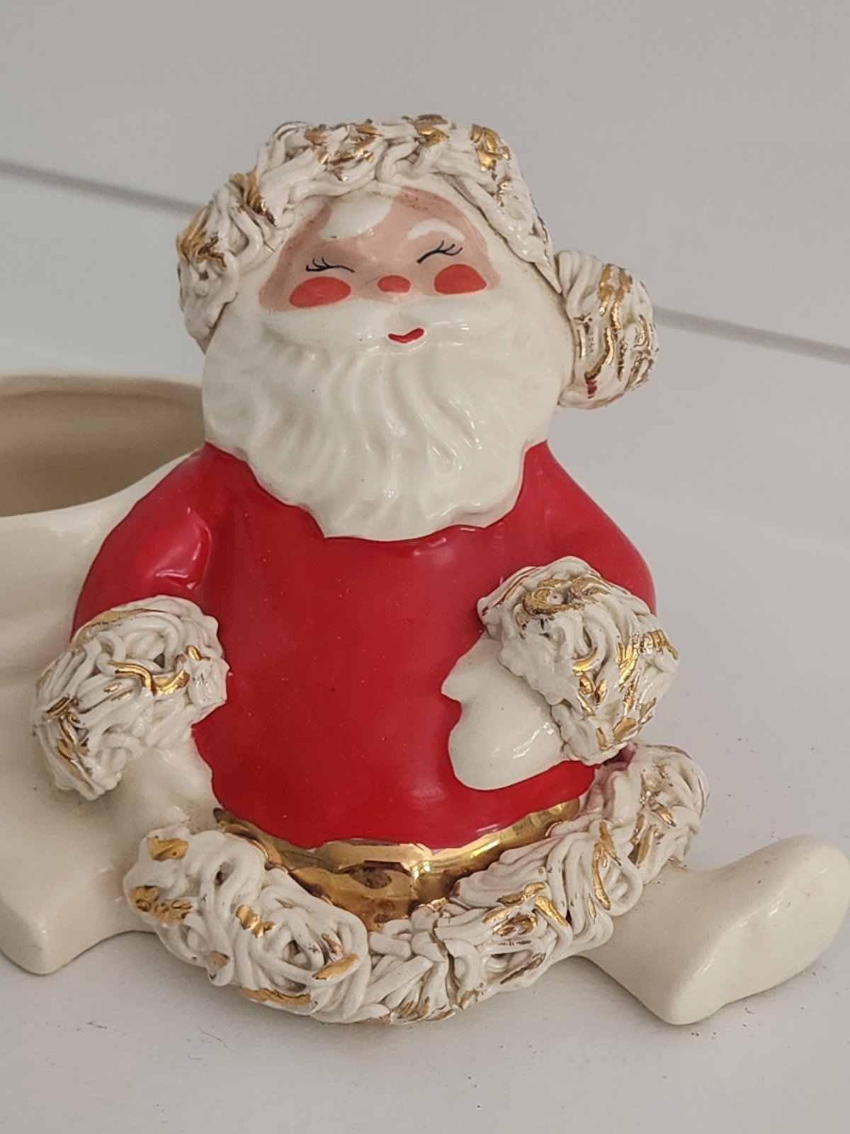 Vtg California Pottery Christmas Betty Lou NIchols Santa Planter Spaghetti Trim