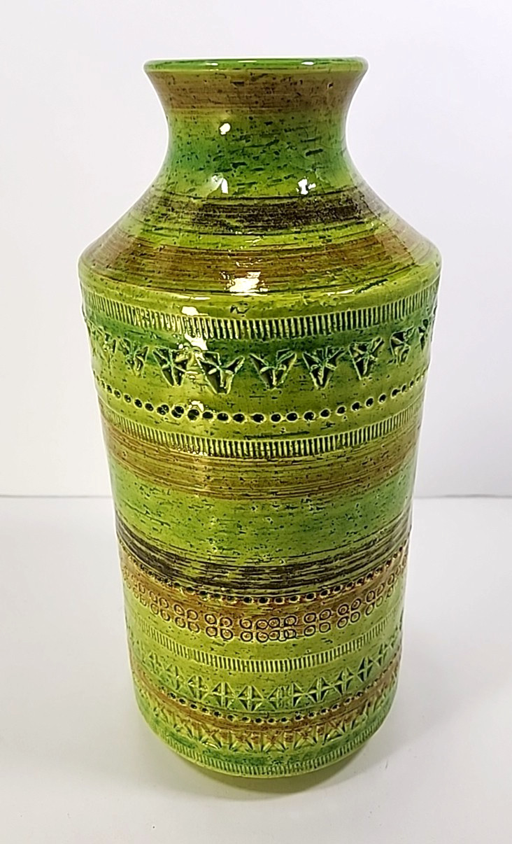 Aldo Londi Bitossi Rosenthal Netter Vase Greens Incised Design 1960s 12.5″ READ!